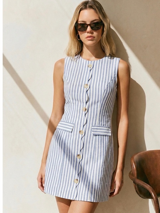 Commense Dresses & Skirts - Commense Scallop Trim Striped Sleeveless Mini Dress